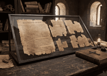 Manuscritos fragmentarios del Evangelio de Pedro en griego sobre escritorio monástico, papiros antiguos con textos de martirio apostólico y autoridad petrina, recreación artística de fragmentos incompletos apócrifos cristianos