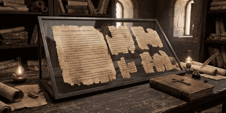 Manuscritos fragmentarios del Evangelio de Pedro en griego sobre escritorio monástico, papiros antiguos con textos de martirio apostólico y autoridad petrina, recreación artística de fragmentos incompletos apócrifos cristianos