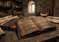 Manuscrito del Evangelio de Tomás en griego con 114 logias sobre escritorio en celda monástica antigua, mostrando pergaminos y rollos de papiro con enseñanzas gnósticas y dichos secretos de Jesús, recreación artística de textos cristianos primitivos