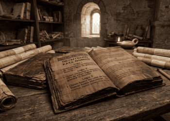 Manuscrito del Evangelio de Tomás en griego con 114 logias sobre escritorio en celda monástica antigua, mostrando pergaminos y rollos de papiro con enseñanzas gnósticas y dichos secretos de Jesús, recreación artística de textos cristianos primitivos