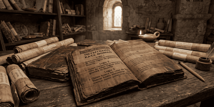 Manuscrito del Evangelio de Tomás en griego con 114 logias sobre escritorio en celda monástica antigua, mostrando pergaminos y rollos de papiro con enseñanzas gnósticas y dichos secretos de Jesús, recreación artística de textos cristianos primitivos