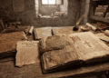 Manuscritos antiguos de evangelios apócrifos en griego: Evangelio de Tomás, María Magdalena, Judas y Felipe sobre escritorio monástico con pergamino y tinta, recreación artística de textos cristianos primitivos de Nag Hammadi