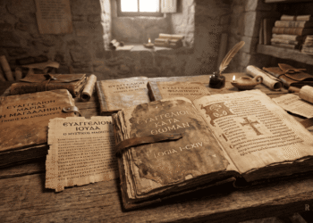 Manuscritos antiguos de evangelios apócrifos en griego: Evangelio de Tomás, María Magdalena, Judas y Felipe sobre escritorio monástico con pergamino y tinta, recreación artística de textos cristianos primitivos de Nag Hammadi