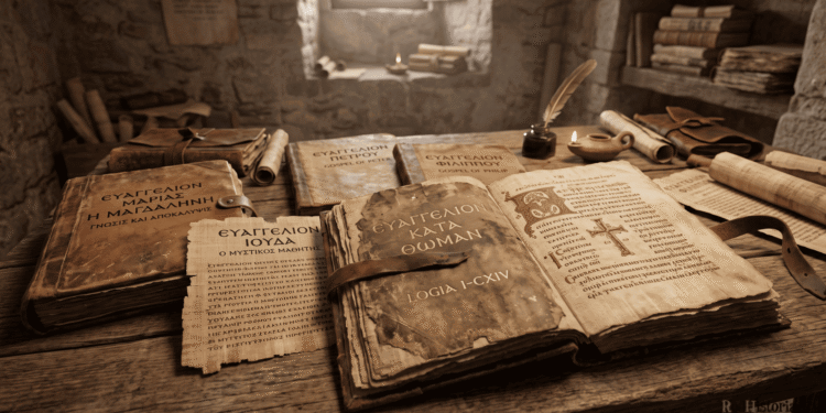 Manuscritos antiguos de evangelios apócrifos en griego: Evangelio de Tomás, María Magdalena, Judas y Felipe sobre escritorio monástico con pergamino y tinta, recreación artística de textos cristianos primitivos de Nag Hammadi