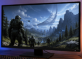 Soldados con armadura avanzan por un paisaje futurista en la pantalla de un monitor