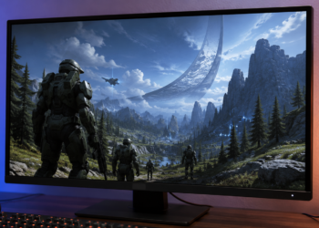 Soldados con armadura avanzan por un paisaje futurista en la pantalla de un monitor