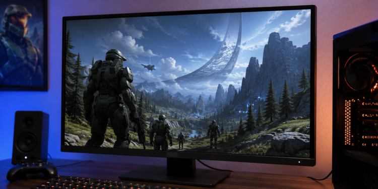 Soldados con armadura avanzan por un paisaje futurista en la pantalla de un monitor