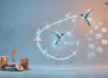 Metáfora visual de la evolución del email marketing: computadora vintage con engranajes y llave a la izquierda representando automatización básica; estructuras geométricas luminosas y colibríes en el centro simbolizando IA dinámica; sobres flotantes a la derecha representando entrega hiperpersonalizada y comunicación moderna