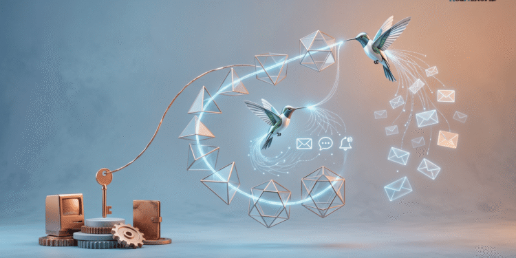 Metáfora visual de la evolución del email marketing: computadora vintage con engranajes y llave a la izquierda representando automatización básica; estructuras geométricas luminosas y colibríes en el centro simbolizando IA dinámica; sobres flotantes a la derecha representando entrega hiperpersonalizada y comunicación moderna