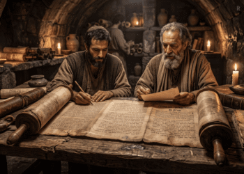Baruc, secretario de Jeremías, escribiendo la Carta de Jeremías del Libro de Baruc en pergaminos hebreos durante el exilio babilónico, preservando la advertencia profética contra la idolatría