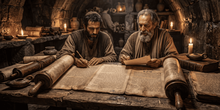 Baruc, secretario de Jeremías, escribiendo la Carta de Jeremías del Libro de Baruc en pergaminos hebreos durante el exilio babilónico, preservando la advertencia profética contra la idolatría