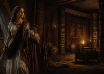 Judith con su sirvienta en la tienda de Holofernes, sosteniendo la cabeza del general en una bolsa, representando el momento de victoria contra el imperio seléucida
