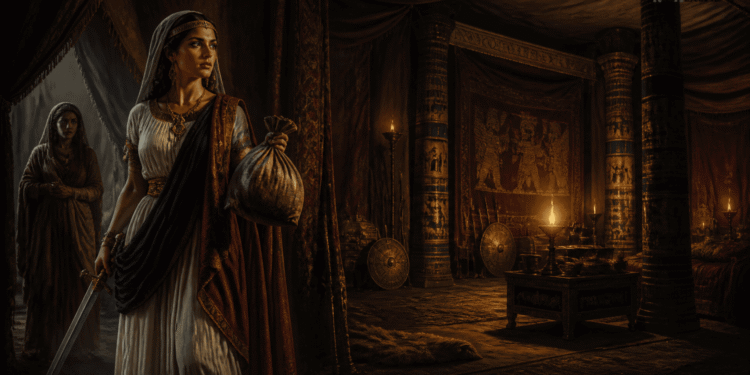 Judith con su sirvienta en la tienda de Holofernes, sosteniendo la cabeza del general en una bolsa, representando el momento de victoria contra el imperio seléucida