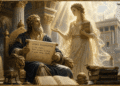 Rey recibiendo el Libro de la Sabiduría de una figura radiante divina, rodeado de escrituras griegas y libros de Platón y Aristóteles, con el Templo de Jerusalén de fondo iluminado por luz dorada, simbolizando la síntesis entre teología judía y filosofía griega.