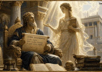 Rey recibiendo el Libro de la Sabiduría de una figura radiante divina, rodeado de escrituras griegas y libros de Platón y Aristóteles, con el Templo de Jerusalén de fondo iluminado por luz dorada, simbolizando la síntesis entre teología judía y filosofía griega.