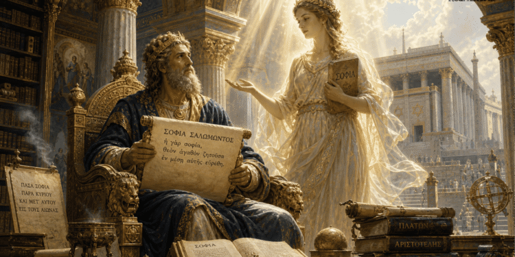 Rey recibiendo el Libro de la Sabiduría de una figura radiante divina, rodeado de escrituras griegas y libros de Platón y Aristóteles, con el Templo de Jerusalén de fondo iluminado por luz dorada, simbolizando la síntesis entre teología judía y filosofía griega.