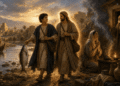 Tobías junto al río Tigris sosteniendo el pez mientras habla con Rafael disfrazado como Azarías, con Tobit ciego esperando en la puerta de su casa y Sara en el fondo, todo envuelto en luz dorada divina que simboliza la providencia de Dios en la narrativa.