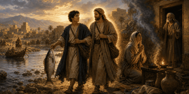 Tobías junto al río Tigris sosteniendo el pez mientras habla con Rafael disfrazado como Azarías, con Tobit ciego esperando en la puerta de su casa y Sara en el fondo, todo envuelto en luz dorada divina que simboliza la providencia de Dios en la narrativa.