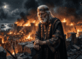 Príamo, anciano rey de Troya contemplando su ciudad ardiendo, vestido real, corona, símbolo de la caída de un imperio