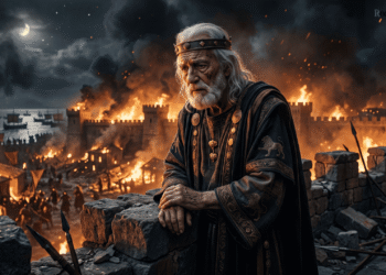 Príamo, anciano rey de Troya contemplando su ciudad ardiendo, vestido real, corona, símbolo de la caída de un imperio
