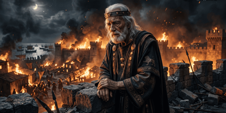 Príamo, anciano rey de Troya contemplando su ciudad ardiendo, vestido real, corona, símbolo de la caída de un imperio