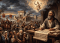El poeta escribiente compone los Salmos de Salomón mientras la ciudad de Jerusalén arde bajo la invasión romana, con el pueblo judío lamentándose y la figura del Mesías en los cielos