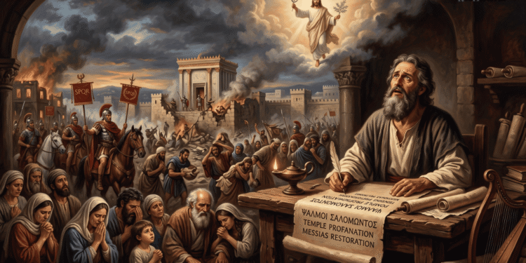 El poeta escribiente compone los Salmos de Salomón mientras la ciudad de Jerusalén arde bajo la invasión romana, con el pueblo judío lamentándose y la figura del Mesías en los cielos