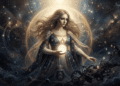 Sofía gnóstica personificada como figura femenina luminosa rodeada de constelaciones cósmicas, aureola de luz dorada, engranajes del Demiurgo abajo, cosmología gnóstica, sabiduría divina caída, emanación celestial con universo material defectuoso, recreación artística de cosmogonía antigua