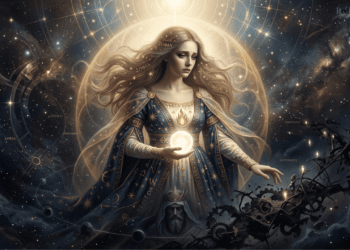 Sofía gnóstica personificada como figura femenina luminosa rodeada de constelaciones cósmicas, aureola de luz dorada, engranajes del Demiurgo abajo, cosmología gnóstica, sabiduría divina caída, emanación celestial con universo material defectuoso, recreación artística de cosmogonía antigua