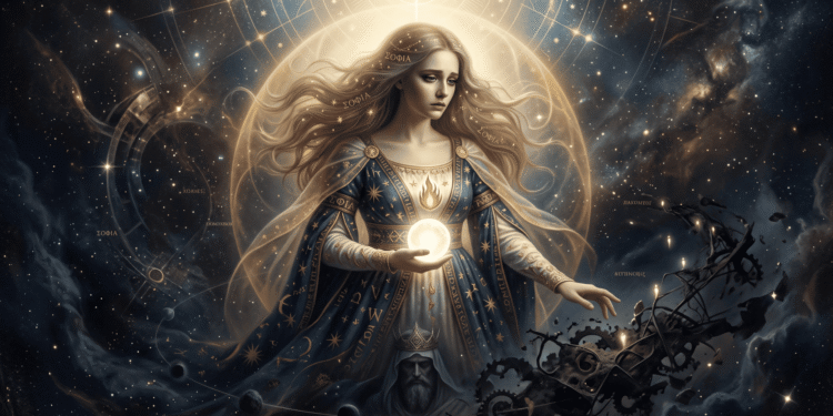 Sofía gnóstica personificada como figura femenina luminosa rodeada de constelaciones cósmicas, aureola de luz dorada, engranajes del Demiurgo abajo, cosmología gnóstica, sabiduría divina caída, emanación celestial con universo material defectuoso, recreación artística de cosmogonía antigua