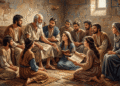 El anciano Job transmite su testamento de sabiduría a sus diez hijos (siete varones y tres mujeres) y su esposa en escena de enseñanza moral sobre virtud y perseverancia