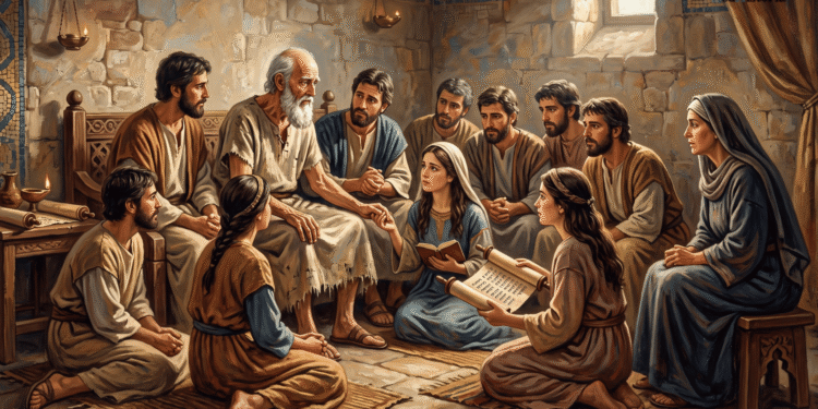 El anciano Job transmite su testamento de sabiduría a sus diez hijos (siete varones y tres mujeres) y su esposa en escena de enseñanza moral sobre virtud y perseverancia