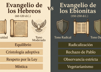 Infografía comparativa: Evangelio de los Hebreos (equilibrio, tono moderado, mística) vs Evangelio de los Ebionitas (radicalización, rechazo de Pablo, observancia estricta)