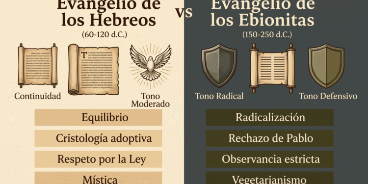 Infografía comparativa: Evangelio de los Hebreos (equilibrio, tono moderado, mística) vs Evangelio de los Ebionitas (radicalización, rechazo de Pablo, observancia estricta)