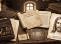 Escritorio antiguo con las principales epístolas apócrifas del Nuevo Testamento: la correspondencia entre Pablo y Séneca, la Epístola a los Laodicenos, la Tercera Epístola a los Corintios, la Epístola de los Apóstoles, una placa con el rey Abgar y Jesús y el retrato de Jesús según la carta de Léntulo.