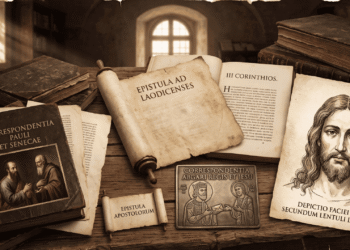 Escritorio antiguo con las principales epístolas apócrifas del Nuevo Testamento: la correspondencia entre Pablo y Séneca, la Epístola a los Laodicenos, la Tercera Epístola a los Corintios, la Epístola de los Apóstoles, una placa con el rey Abgar y Jesús y el retrato de Jesús según la carta de Léntulo.
