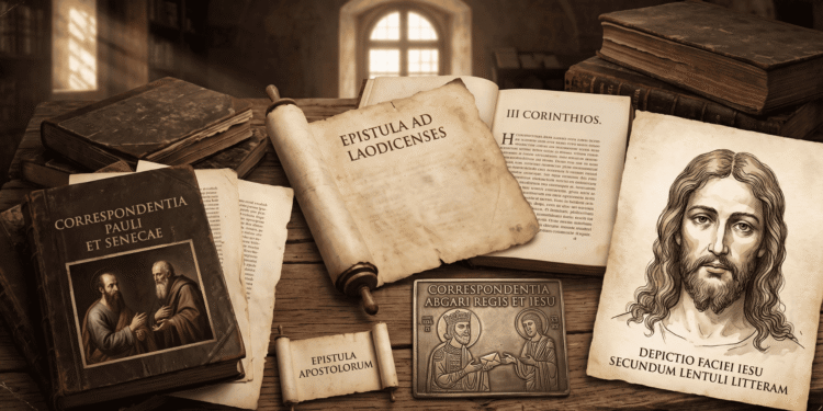 Escritorio antiguo con las principales epístolas apócrifas del Nuevo Testamento: la correspondencia entre Pablo y Séneca, la Epístola a los Laodicenos, la Tercera Epístola a los Corintios, la Epístola de los Apóstoles, una placa con el rey Abgar y Jesús y el retrato de Jesús según la carta de Léntulo.