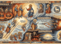 Infografía comparativa: Apocalipsis Apócrifos (Pedro, Pablo, Santiago, Esdras) vs Apocalipsis canónico de Juan. Muestra topografía infernal de Pedro, ascenso celestial de Pablo, cosmología de Esdras con purgatorio, y contraste con teología oficial agustiniana.