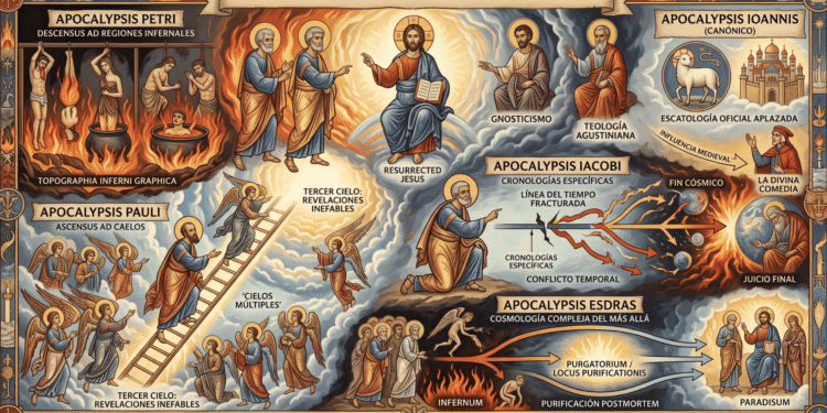 Infografía comparativa: Apocalipsis Apócrifos (Pedro, Pablo, Santiago, Esdras) vs Apocalipsis canónico de Juan. Muestra topografía infernal de Pedro, ascenso celestial de Pablo, cosmología de Esdras con purgatorio, y contraste con teología oficial agustiniana.