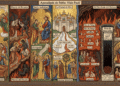 Infografía en estilo de icono bizantino del Apocalipsis de Pablo (Visio Pauli): muerte del justo y del pecador, juicio individual con el cheirógrafo, ciudad de Cristo con los cuatro ríos y el lago Aquerusio, río de fuego con condenados a distintas alturas, clérigos castigados, pozo de los siete sellos e intercesión por el descanso de los condenados.