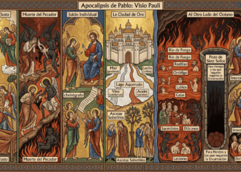 Infografía en estilo de icono bizantino del Apocalipsis de Pablo (Visio Pauli): muerte del justo y del pecador, juicio individual con el cheirógrafo, ciudad de Cristo con los cuatro ríos y el lago Aquerusio, río de fuego con condenados a distintas alturas, clérigos castigados, pozo de los siete sellos e intercesión por el descanso de los condenados.