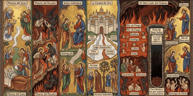 Infografía en estilo de icono bizantino del Apocalipsis de Pablo (Visio Pauli): muerte del justo y del pecador, juicio individual con el cheirógrafo, ciudad de Cristo con los cuatro ríos y el lago Aquerusio, río de fuego con condenados a distintas alturas, clérigos castigados, pozo de los siete sellos e intercesión por el descanso de los condenados.