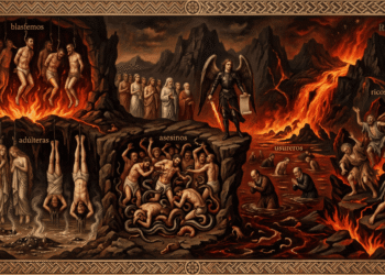 Ilustración del infierno según el Apocalipsis de Pedro: blasfemos colgados sobre el fuego, adúlteras sobre un fango hirviente, asesinos entre serpientes, usureros en un lago de sangre y ricos sobre rocas ardientes, vigilados por un ángel armado.