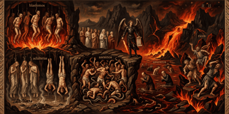 Ilustración del infierno según el Apocalipsis de Pedro: blasfemos colgados sobre el fuego, adúlteras sobre un fango hirviente, asesinos entre serpientes, usureros en un lago de sangre y ricos sobre rocas ardientes, vigilados por un ángel armado.