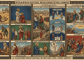 Infografía en estilo de icono bizantino sobre los Apocalipsis de Santiago de Nag Hammadi: hallazgo de la jarra con los códices, Santiago como líder de Jerusalén, diálogo con Jesús, ascenso del alma entre los arcontes, aparición en el monte Gaugelan, transmisión a Addai, discurso en el templo, crítica al Demiurgo y lapidación de Santiago el Justo.