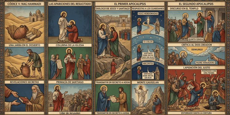 Infografía en estilo de icono bizantino sobre los Apocalipsis de Santiago de Nag Hammadi: hallazgo de la jarra con los códices, Santiago como líder de Jerusalén, diálogo con Jesús, ascenso del alma entre los arcontes, aparición en el monte Gaugelan, transmisión a Addai, discurso en el templo, crítica al Demiurgo y lapidación de Santiago el Justo.