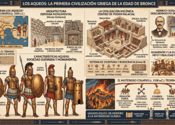 Los aqueos: civilización Edad de Bronce (1650-1100 a.C.), murallas ciclópeas, Lineal B, Agamenón, Guerra de Troya, colapso misterioso c. 1100 a.C., legado en Homero y religión griega clásica.