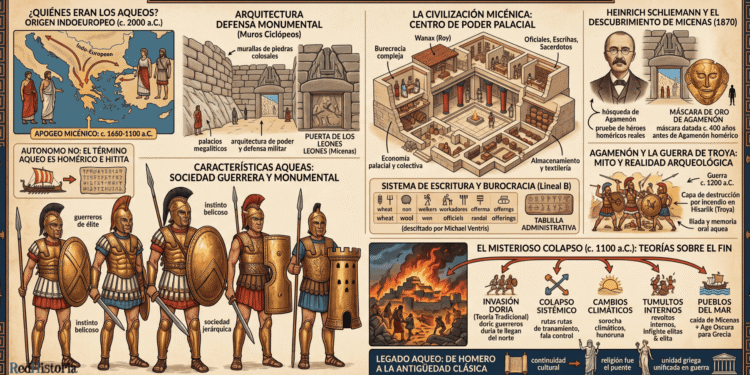 Los aqueos: civilización Edad de Bronce (1650-1100 a.C.), murallas ciclópeas, Lineal B, Agamenón, Guerra de Troya, colapso misterioso c. 1100 a.C., legado en Homero y religión griega clásica.