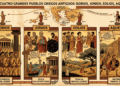Infografía de los cuatro pueblos griegos antiguos: dorios, jonios, eolios y aqueos. Muestra para cada pueblo su región de asentamiento, características principales,representantes históricos y contribuciones culturales. Dorios (guerreros, Esparta, orden dórico), Jonios (filósofos presocráticos, democracia ateniense, Tales, Anaximandro), Eolios (poesía, Safo, lyra, Lesbos) y Aqueos (legado micénico, Edad del Bronce, Guerra de Troya). Estilo infográfico educativo con decoraciones de meandros griegos.
