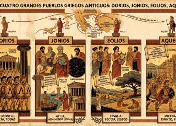 Infografía de los cuatro pueblos griegos antiguos: dorios, jonios, eolios y aqueos. Muestra para cada pueblo su región de asentamiento, características principales,representantes históricos y contribuciones culturales. Dorios (guerreros, Esparta, orden dórico), Jonios (filósofos presocráticos, democracia ateniense, Tales, Anaximandro), Eolios (poesía, Safo, lyra, Lesbos) y Aqueos (legado micénico, Edad del Bronce, Guerra de Troya). Estilo infográfico educativo con decoraciones de meandros griegos.